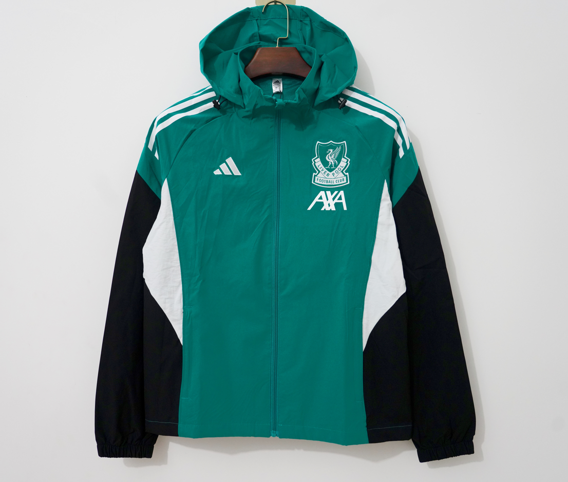 Chaqueta cortavientos Liverpool verde con blanco y negro con capucha (tallas S-3XL)