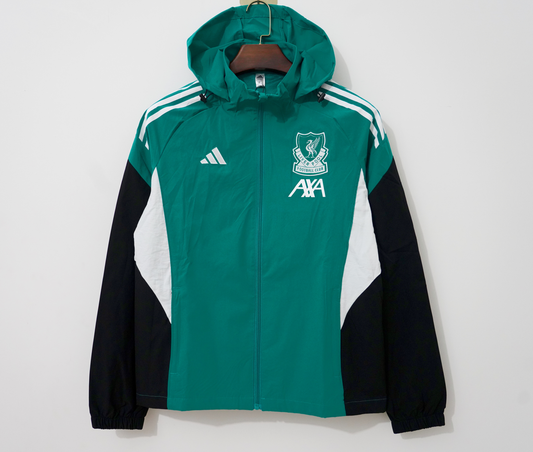 Chaqueta cortavientos Liverpool verde con blanco y negro con capucha (tallas S-3XL)