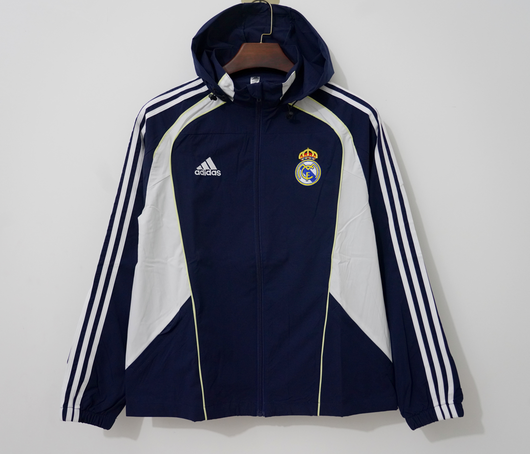 Chaqueta cortavientos Real Madrid azul oscuro con blanco y capuchas (tallas S-3XL)