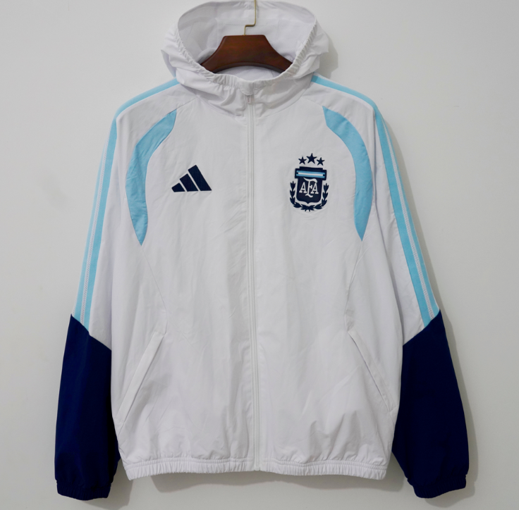 Chaqueta cortavientos Argentina 2026 blanca y azul con capucha (tallas S-3XL)