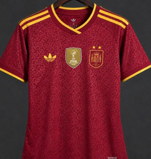 Camiseta España dos estrellas +parche campeón Mundial 2026 granate (solo versión fans)  (tallas S-4XL)